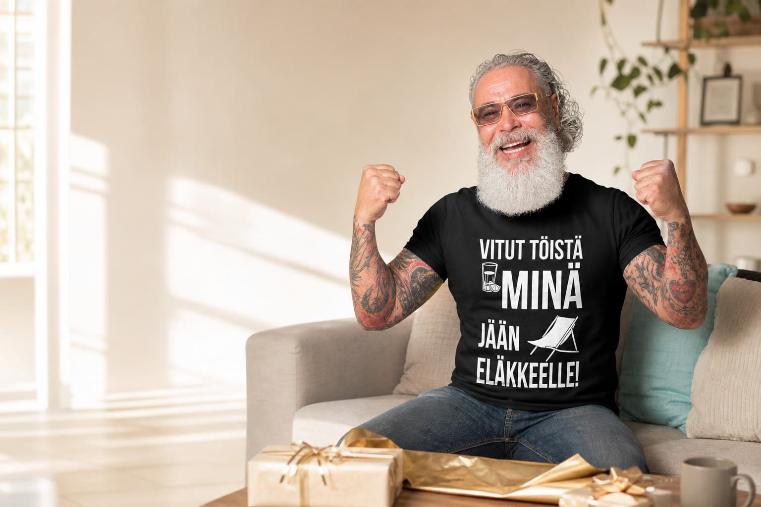 Mies mustassa t-paidassa, jossa lukee Vitut töistä, minä jään eläkkeelle