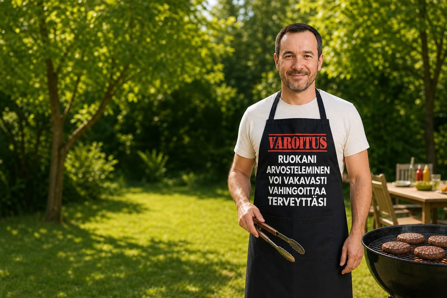 Mies grillaamassa esiliinassa, jossa lukee Varoitus: ruokani arvosteleminen